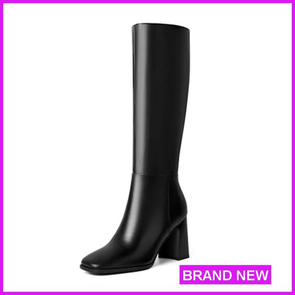 Knee High Boots Leather Square Toe Chunky Heel Tall Dress Boots Side Zipper - Picture 4 of 7